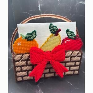 Vintage Plastic Canvas Basket Fruit Design Napkin Holder Handmade Kitsch Decor